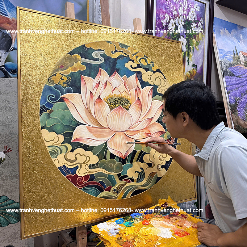 Tranh sen treo phòng khách, tranh bạch liên hoa, tranh bạch liên hạ chí, Tranh vẽ nghệ thuật, tranh trang tri phòng khách, tranh treo phong khách hiện đại, tranh treo phòng khách indochina